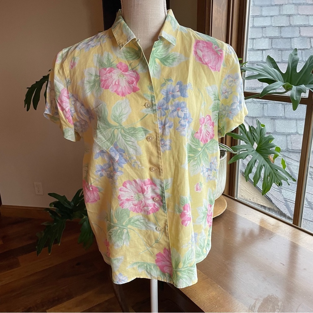 Lauren Ralph Lauren Butter Yellow Tropical Floral Linen Short Sleeve Shirt